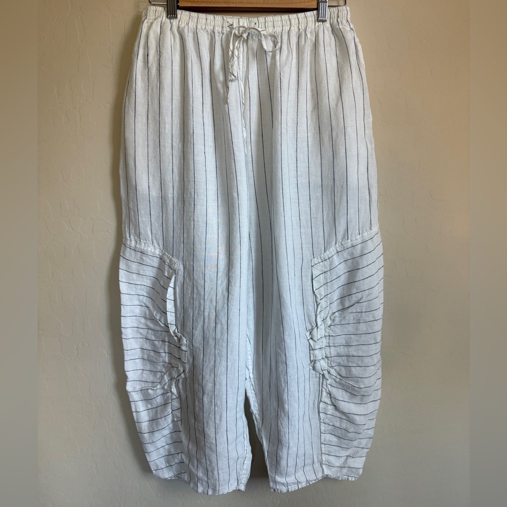 Cheyenne Linen Balloon Tapered Lagenlook White Striped Pants L XL